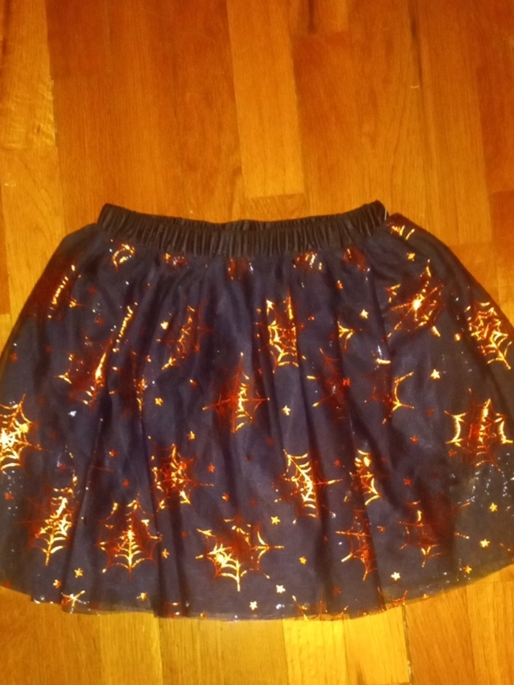 NWOT girl med black Spiderweb Print Tulle Skirt, metallic orange print